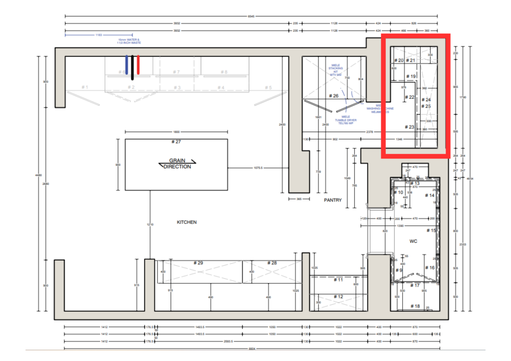 Floorplan showing a compact walk-in pantry layout measuring 1790mm x 826mm within a modern townhouse kitchen design