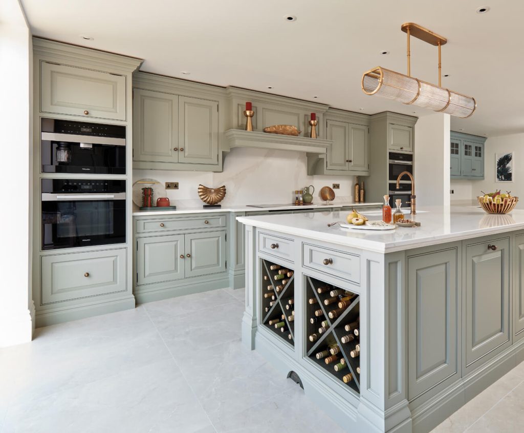 Tom Howley green shaker kitchen design in the Nottingham showroom.