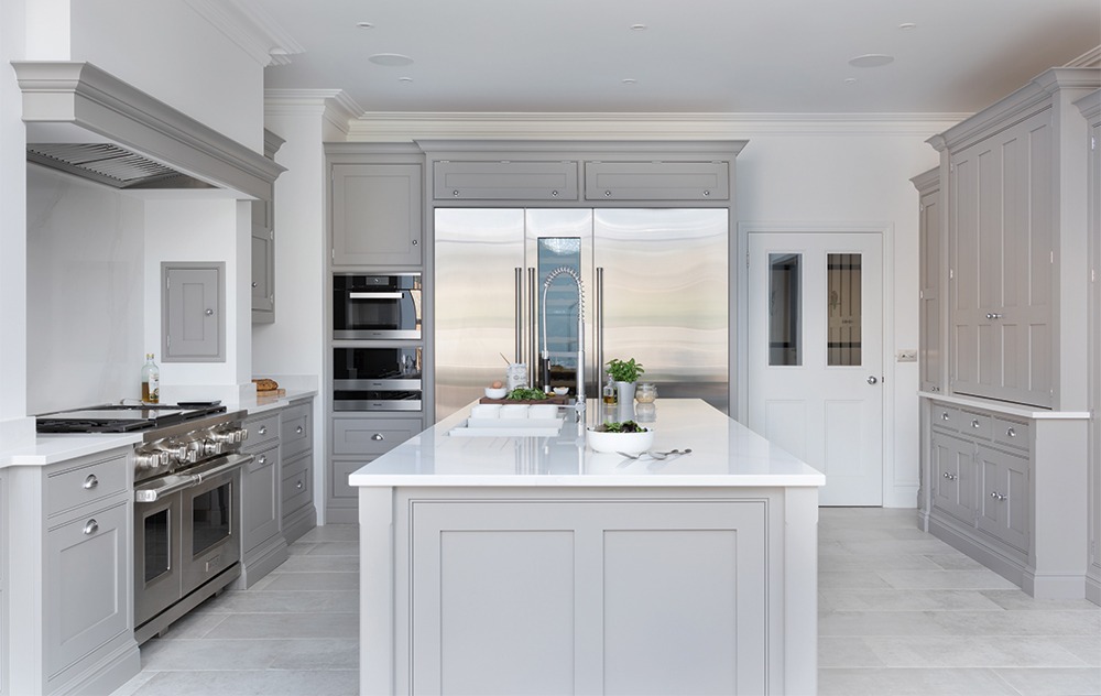 Grey painted kitchen.