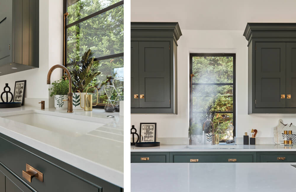 Dark green Hartford kitchen with brass Quooker tap.