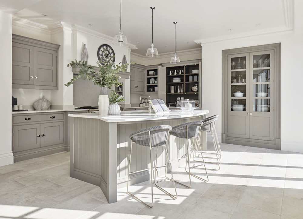 Classic grey kitchen with island. 