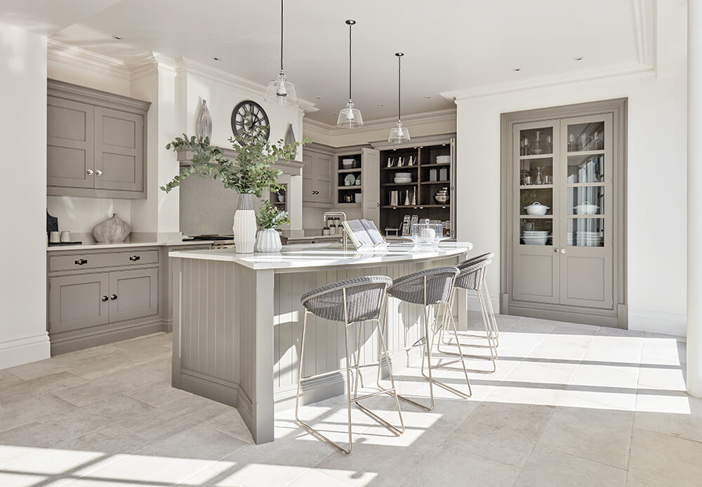 Grey Hartford kitchen with central island. 