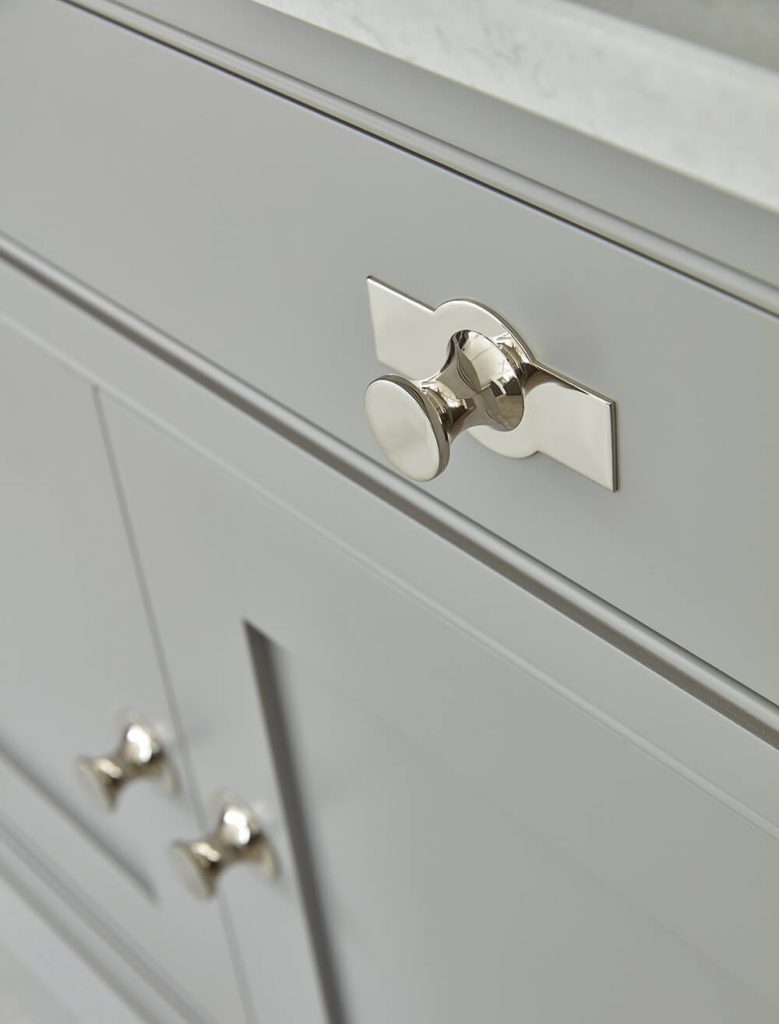 Grey Tom Howley Hartford Kitchen with chrome handles. 