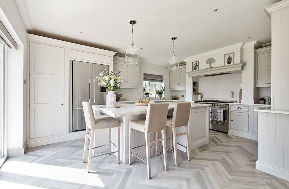 Grey shaker kitchen with central island. 
