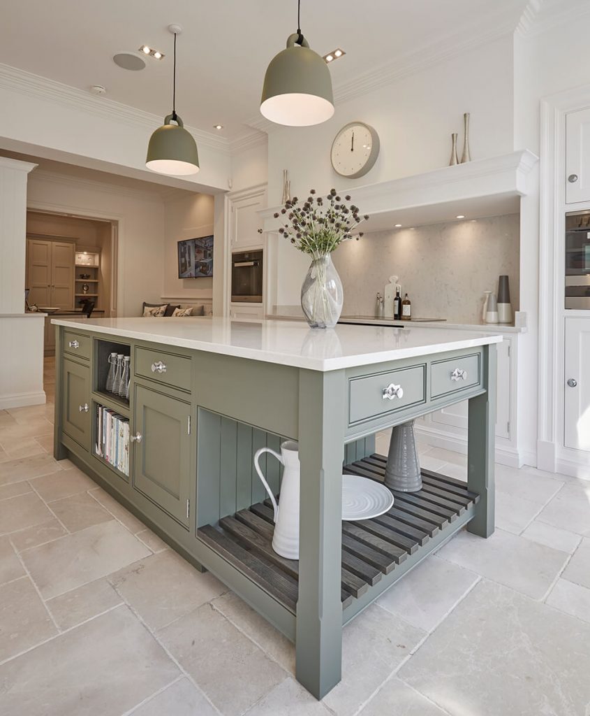 Sage green cottage style kitchen. 