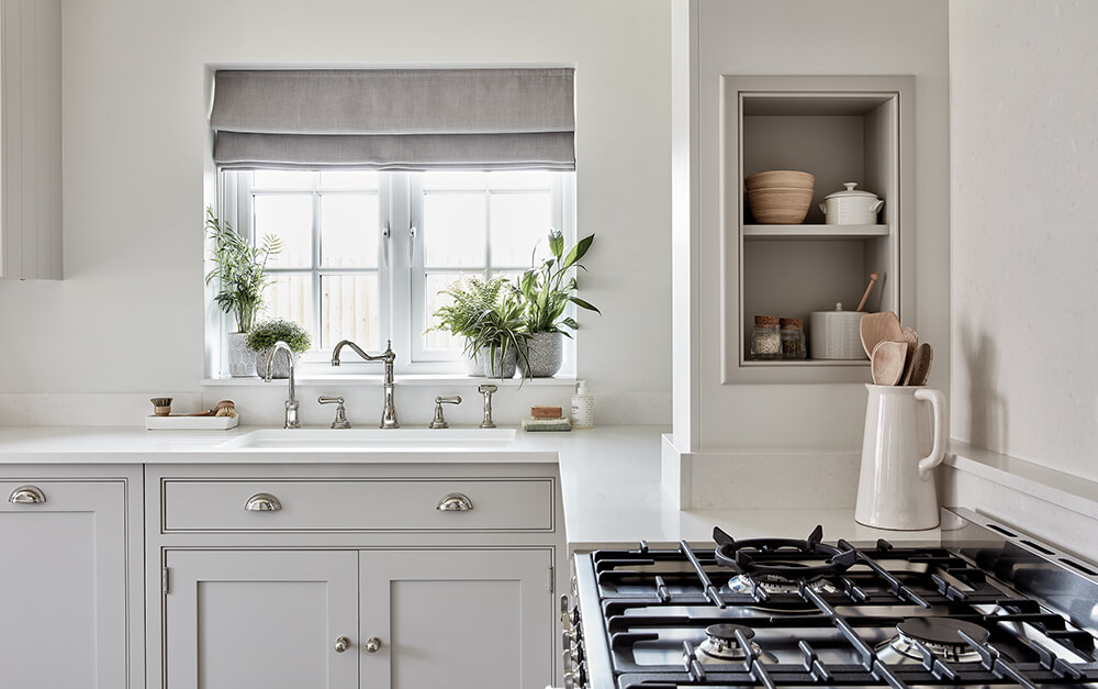 Grey cottage style kitchen design. 