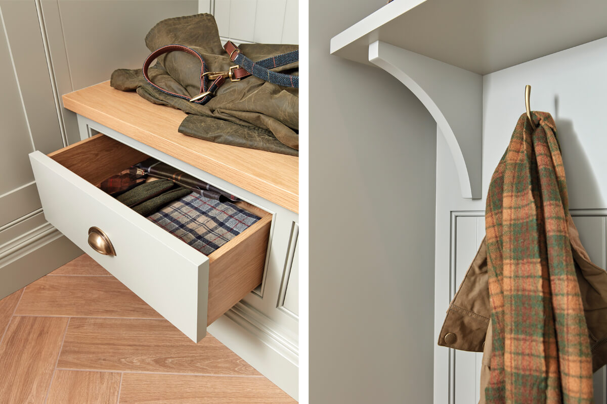 Bootility room bench seating with drawer storage and floating shelf detail. 