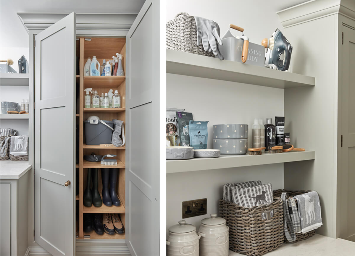 Tall utility room storage and bespoke open shelving. 