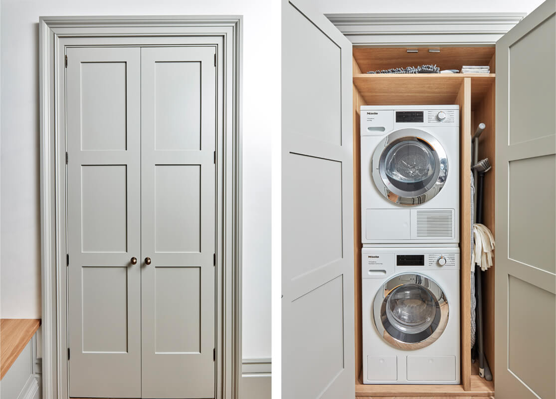 Bootility storage. Full-height cabinet with stacked washing machine and tumble dryer. 