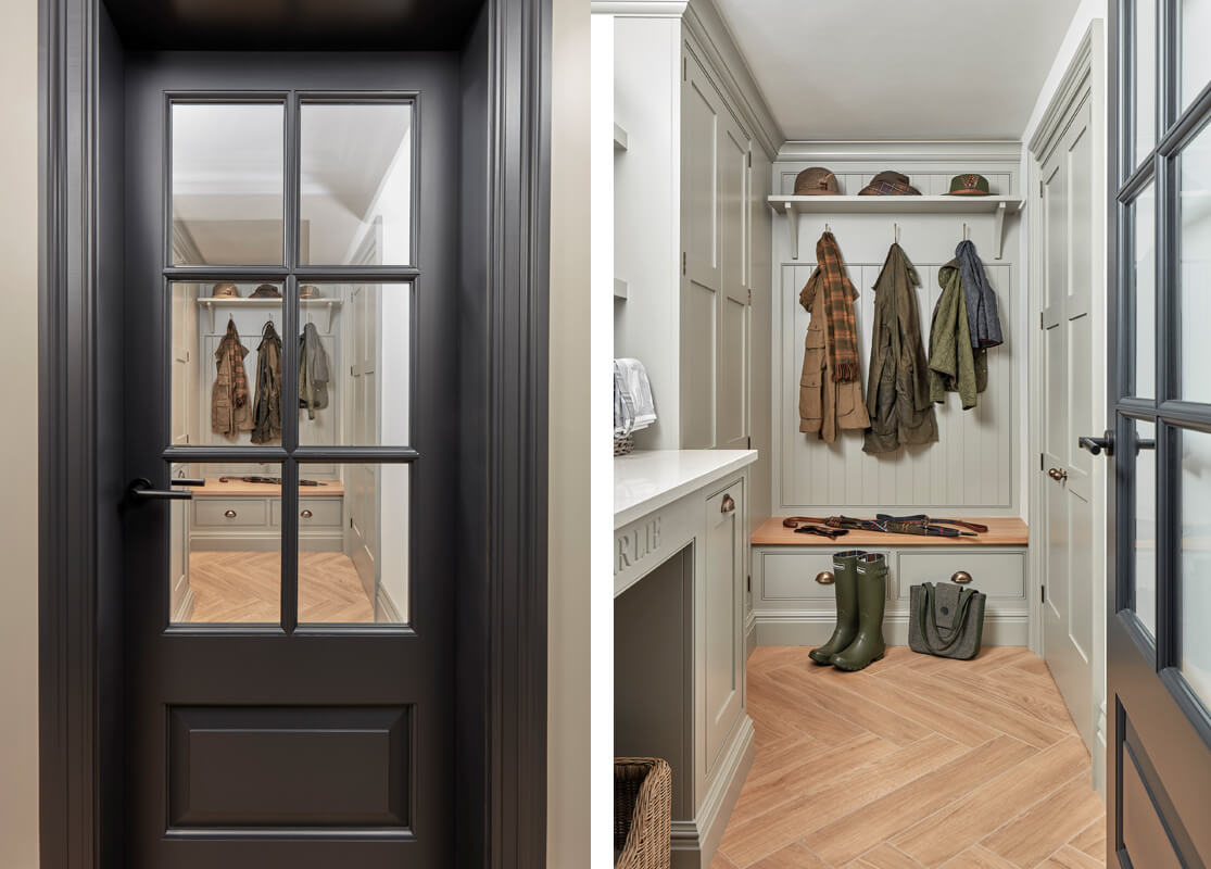 Glazed doors leading into a shaker style bootility room. 