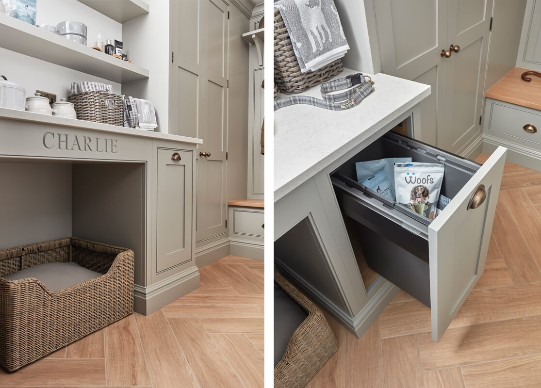 Boot room dog bed and bespoke storage. 