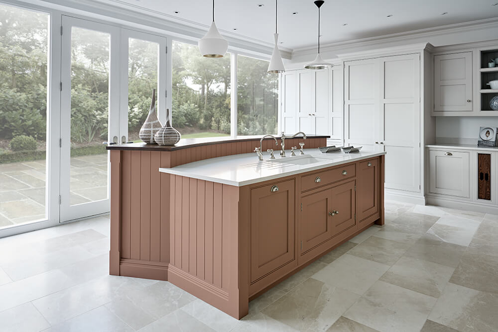 Pink kitchen island. 