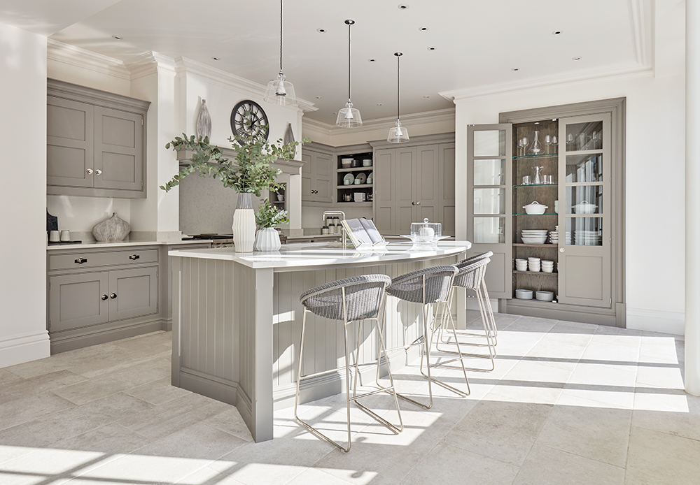 Grey painted shaker kitchen in the Tom Howley Cambridge showroom. 