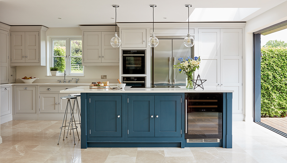 Bespoke Tom Howley Kitchen with blue fitted island.
