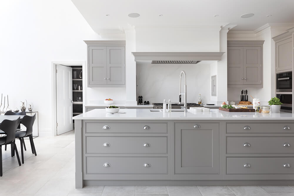 Grey Tom Howley Shaker kitchen with separate walk-in pantry.
