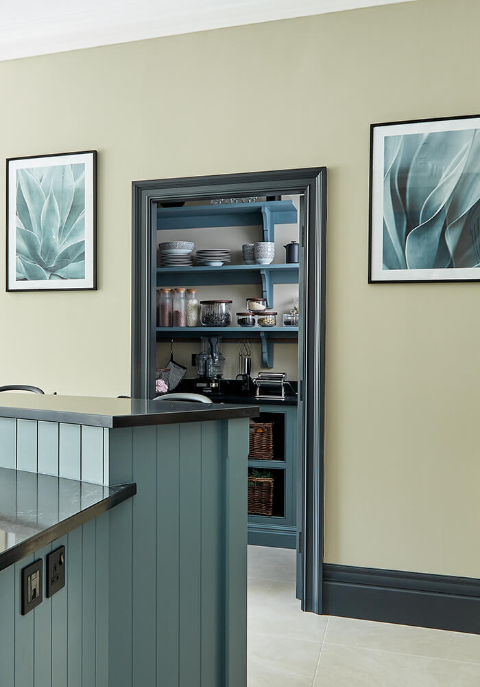 Tom Howley blue Shaker kitchen with walk in pantry.